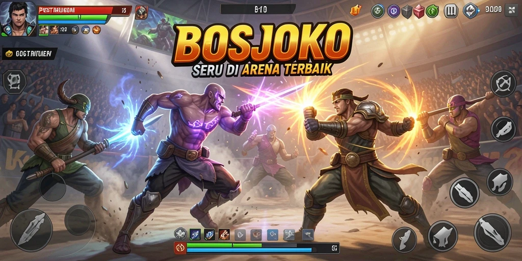 Tampilan gameplay BOSJOKO yang penuh aksi dengan pertarungan seru.