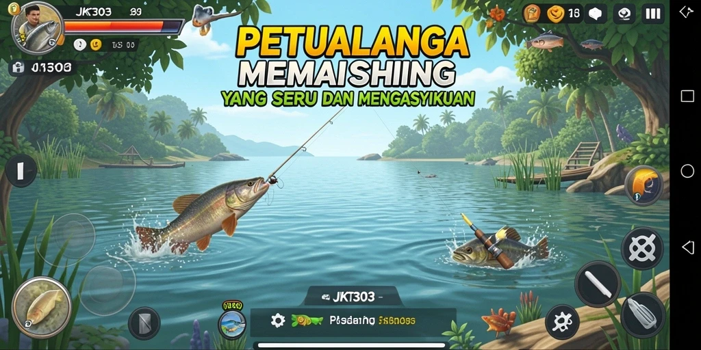 Screenshot JKT303 menunjukkan pemain yang sedang memancing di danau yang indah.