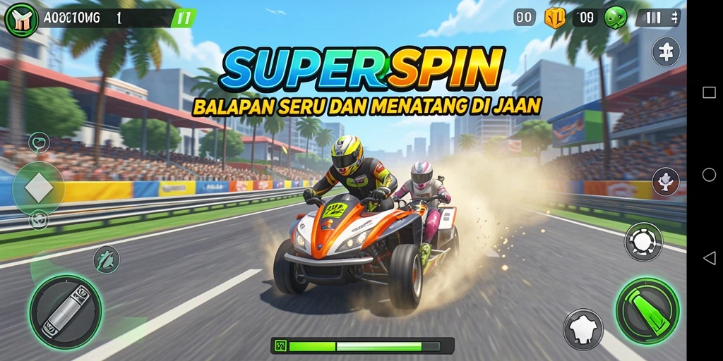 Screenshot utama dari gameplay balapan SUPERSPIN yang menegangkan dan penuh aksi.